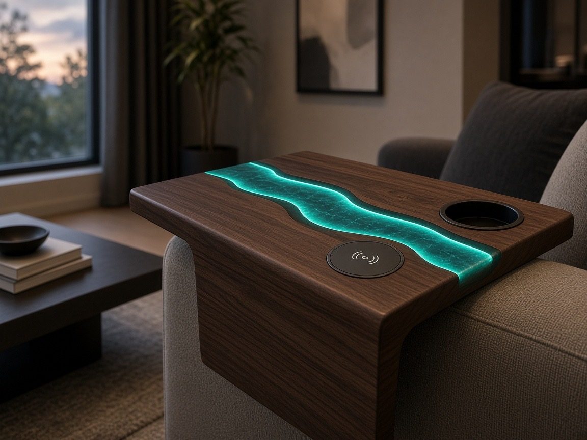 LED Armrest Tray with Wireless Charger & Cup Holder