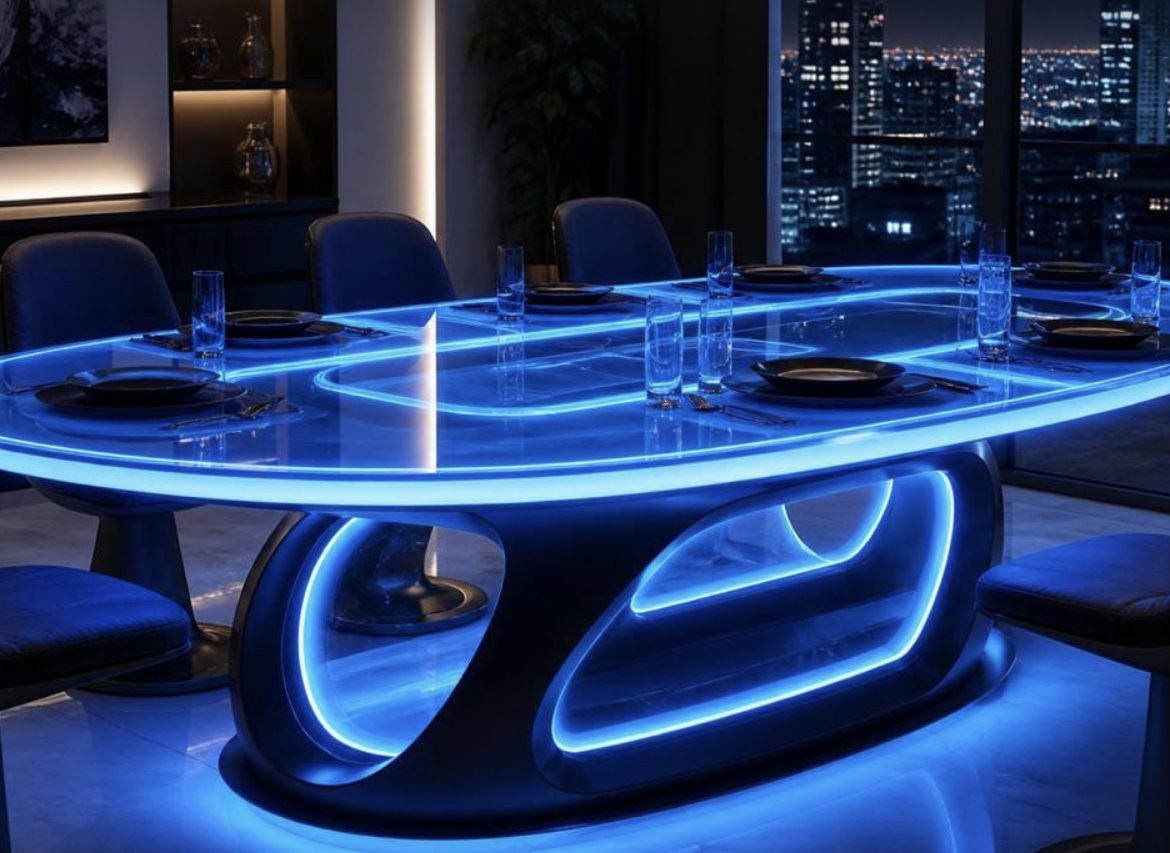 LED Epoxy Dining Table with Encased Steel Base