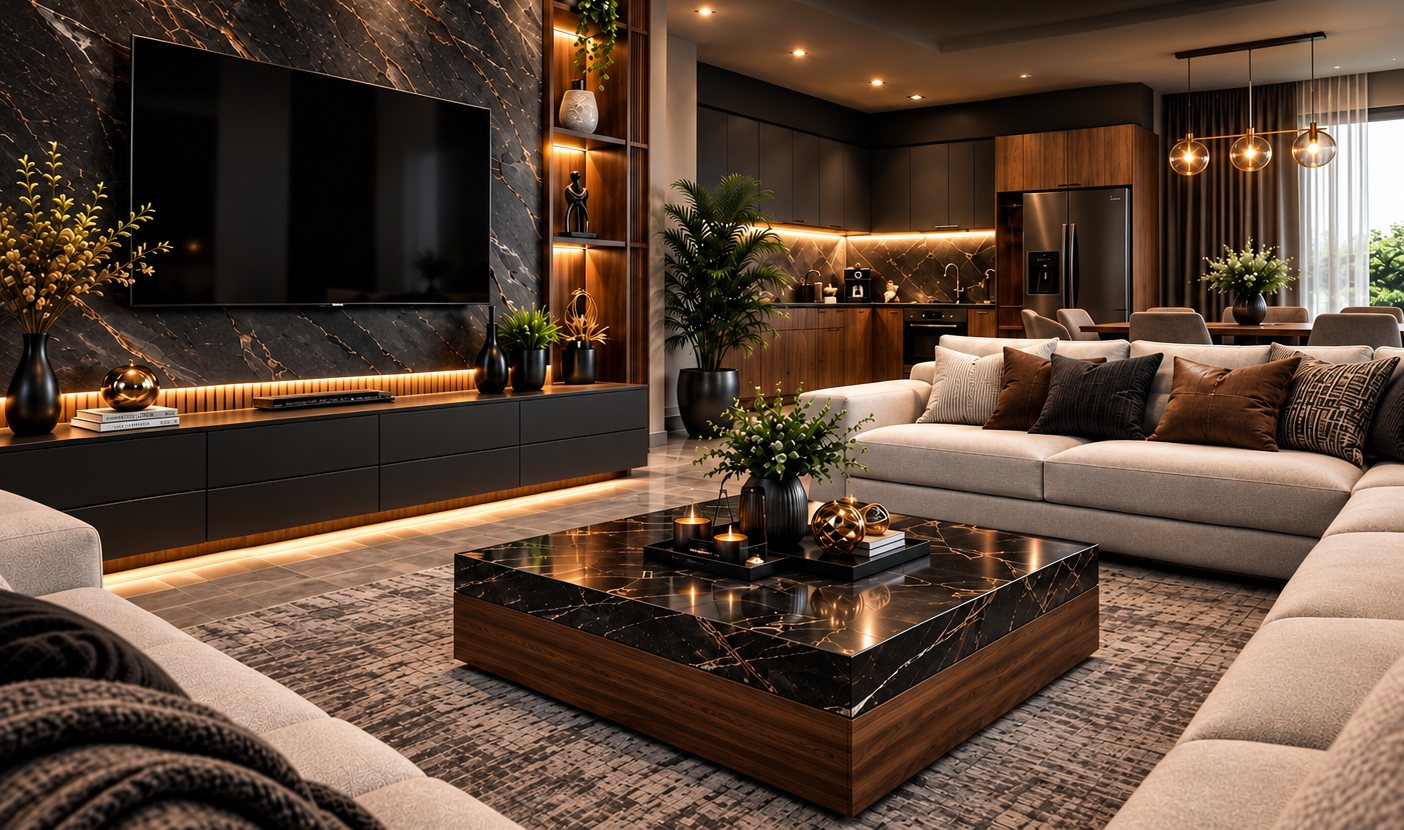 Concept: Full-Wall Media Unit with Lit Shelving